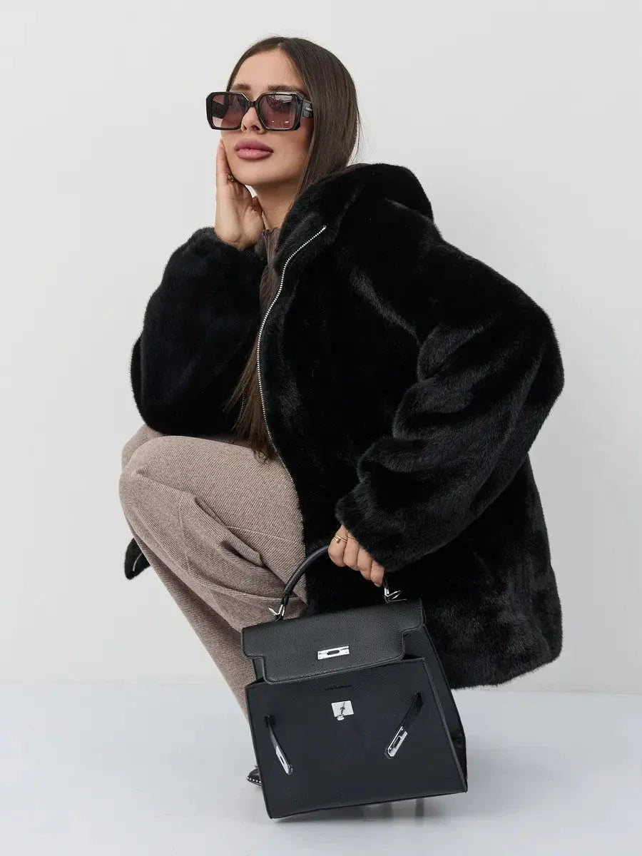 Midnight Velvet Faux Mink Zip-Up Coat - TEVQA