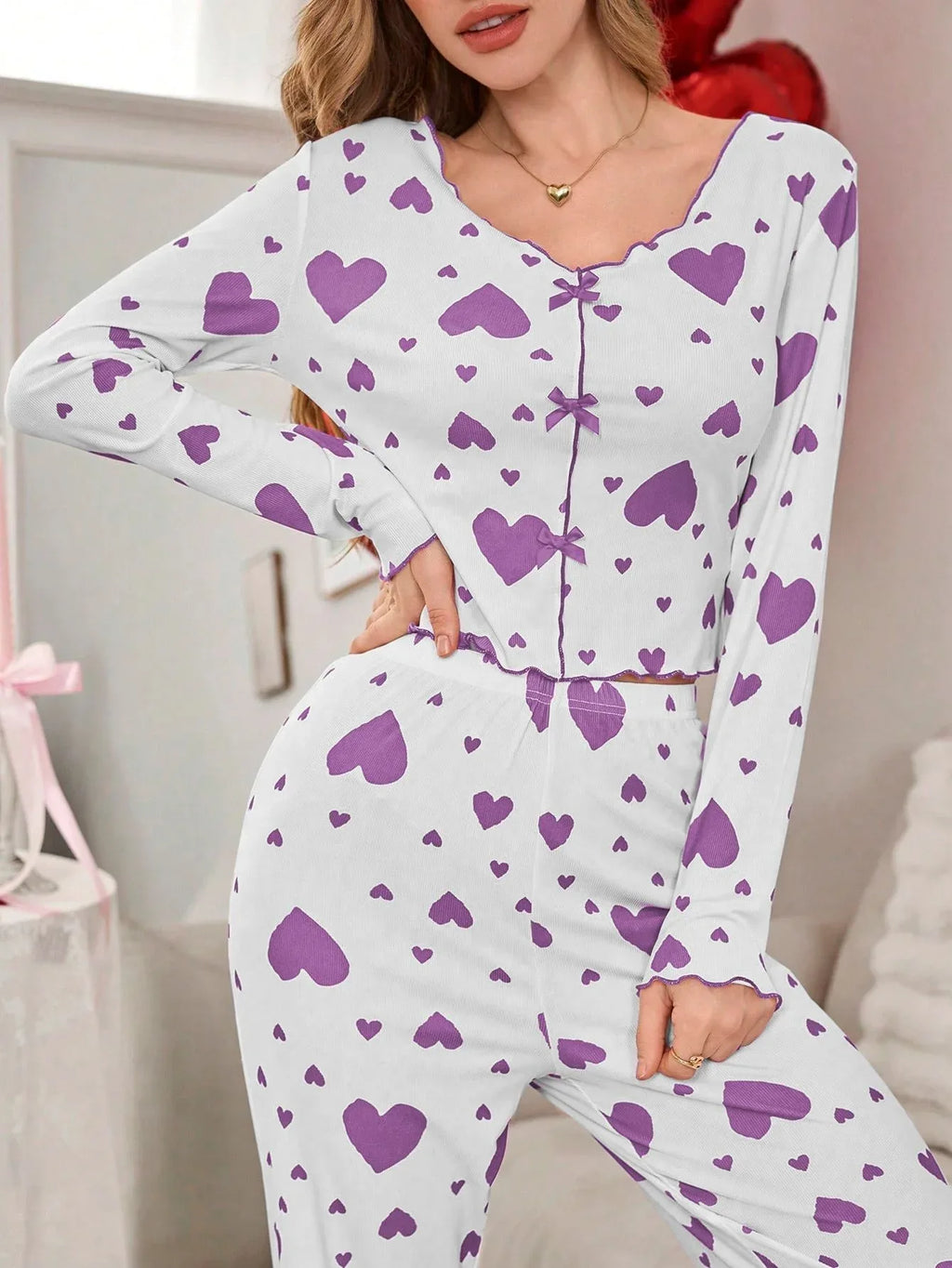 Ribbed Heart Print Pajama Set - View 34 | TEVQA