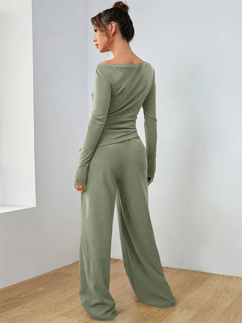 Women's Boat Neck Wide Leg Two-Piece Set - View 17 | TEVQA