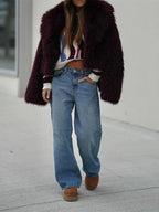 Vamp Burgundy Shaggy Faux Fur Cropped Jacket - TEVQA