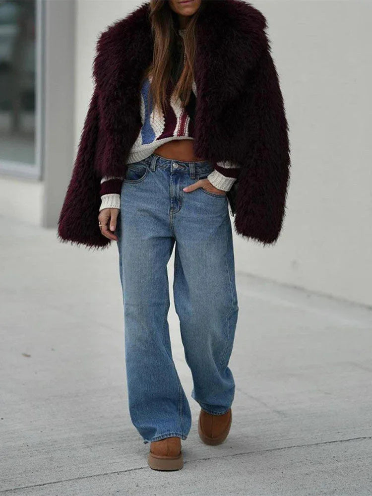 Vamp Burgundy Shaggy Faux Fur Cropped Jacket - TEVQA