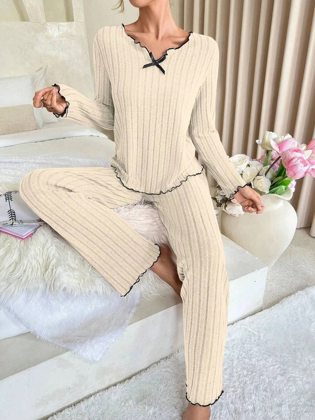 Ribbed Pajama Set with Contrast Trim - View 6 | TEVQA