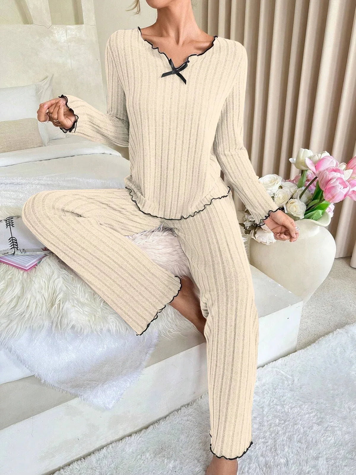 Ribbed Pajama Set with Contrast Trim - View 6 | TEVQA