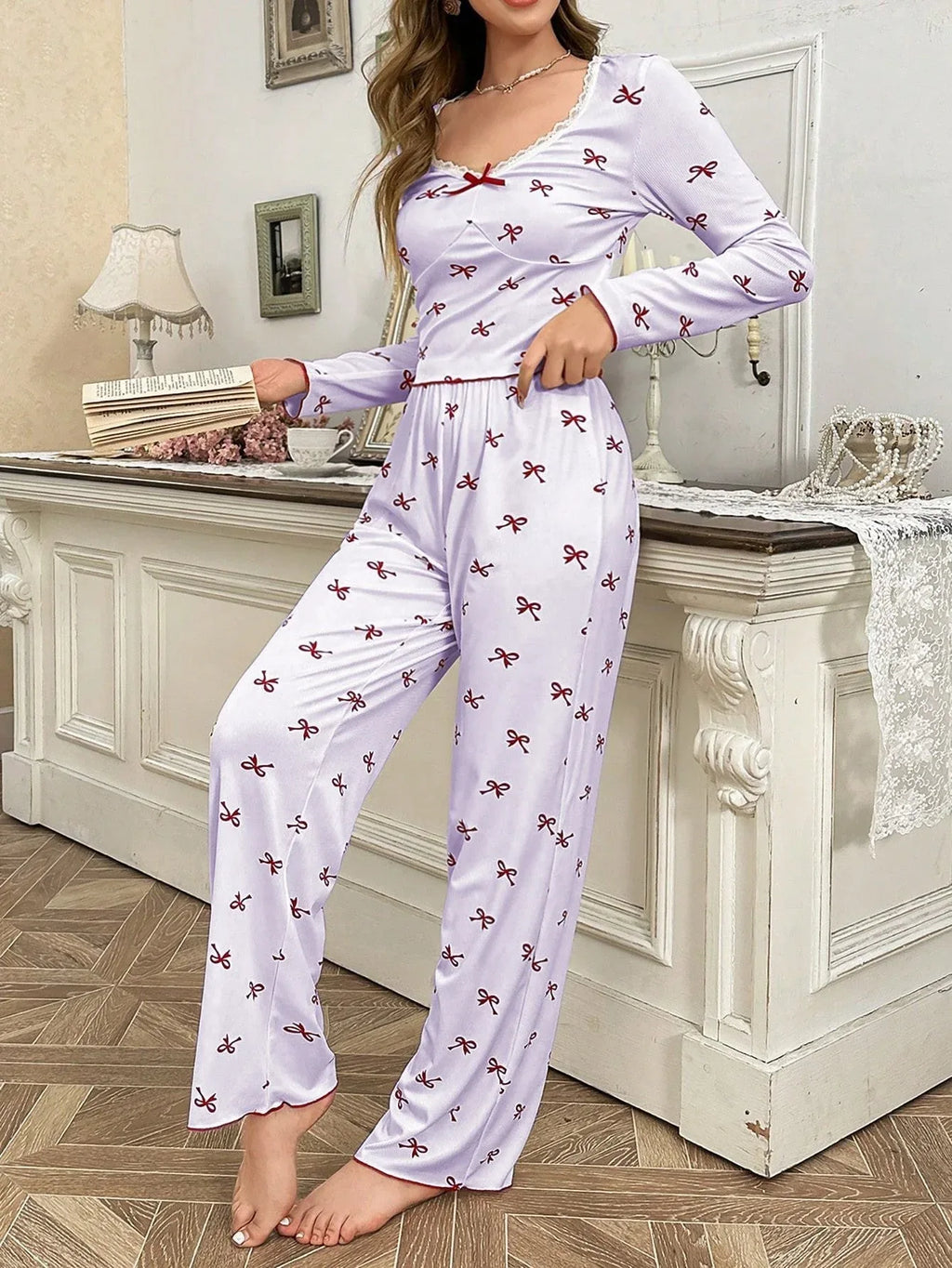 Ribbed pajama set with bow print and v-neckline - View 19 | TEVQA