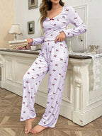 Ribbed pajama set with bow print and v-neckline - View 19 | TEVQA
