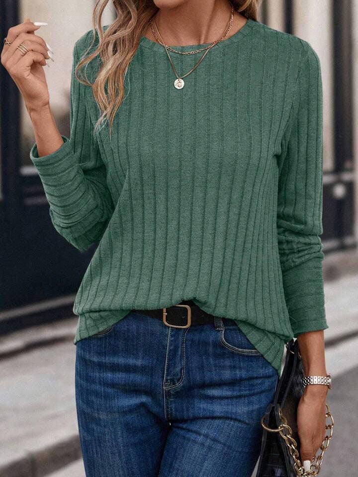 Oatmeal Ribbed Knit Crew Neck Top - View 12 | TEVQA