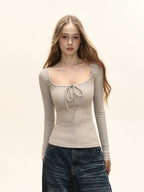 Square Neck Ribbed Knit Front Tie Long Sleeve Top