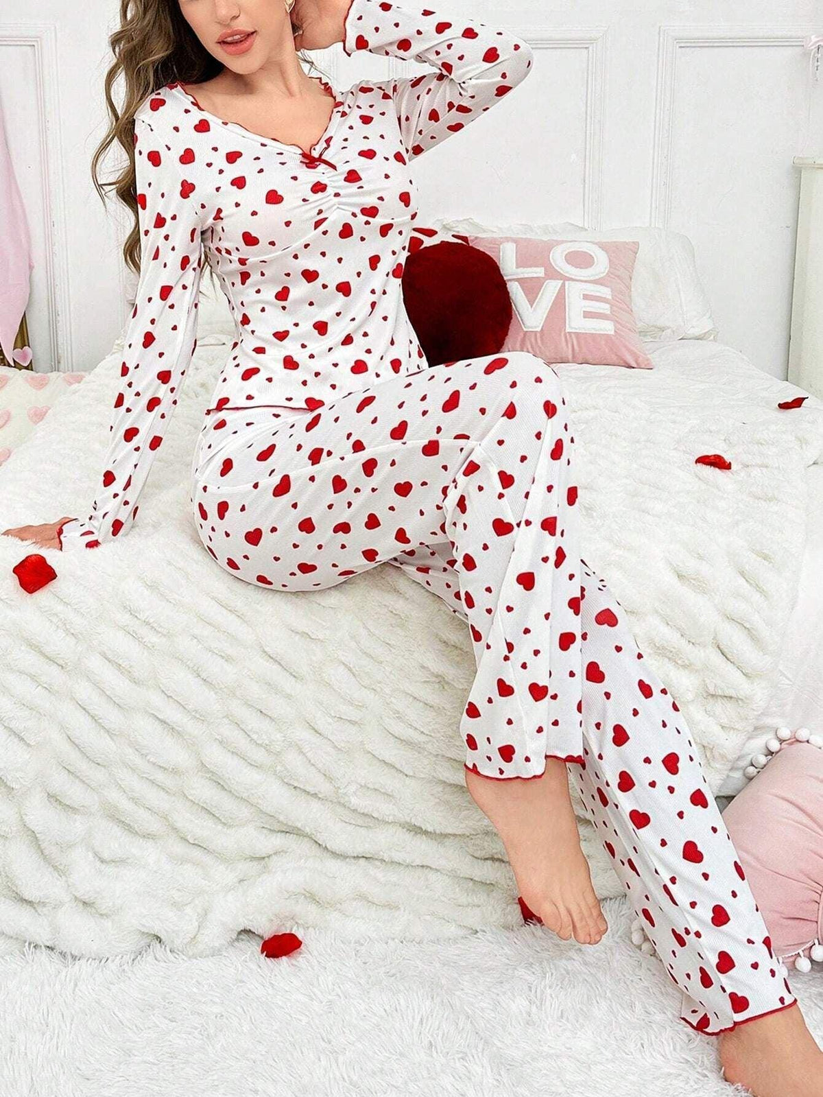 Ribbed Heart Print Pajama Set - View 15 | TEVQA