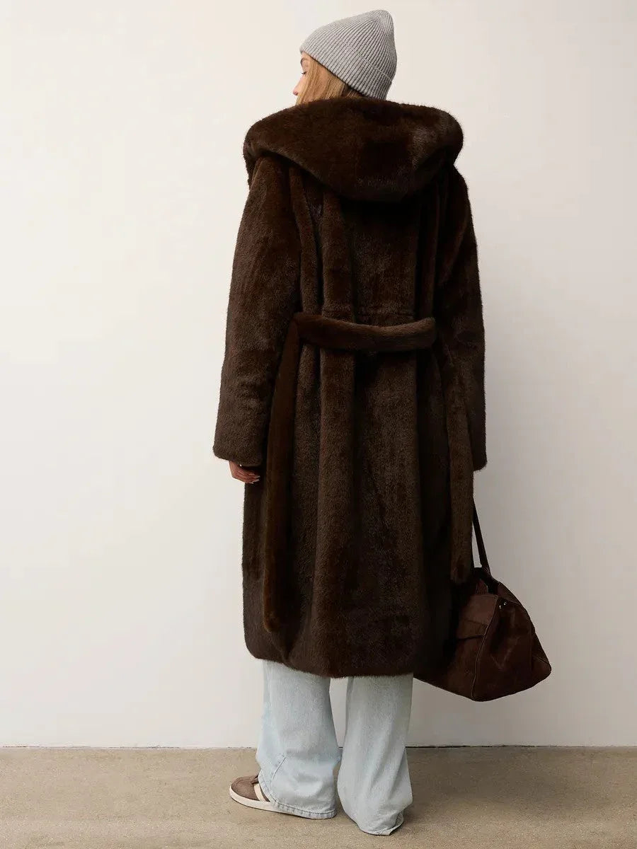 Luxurious Chocolate Faux Mink Long Coat - TEVQA