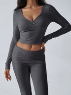 V-Neck Crop Top and Fold-Over Flare Pants Set - View 30 | TEVQA