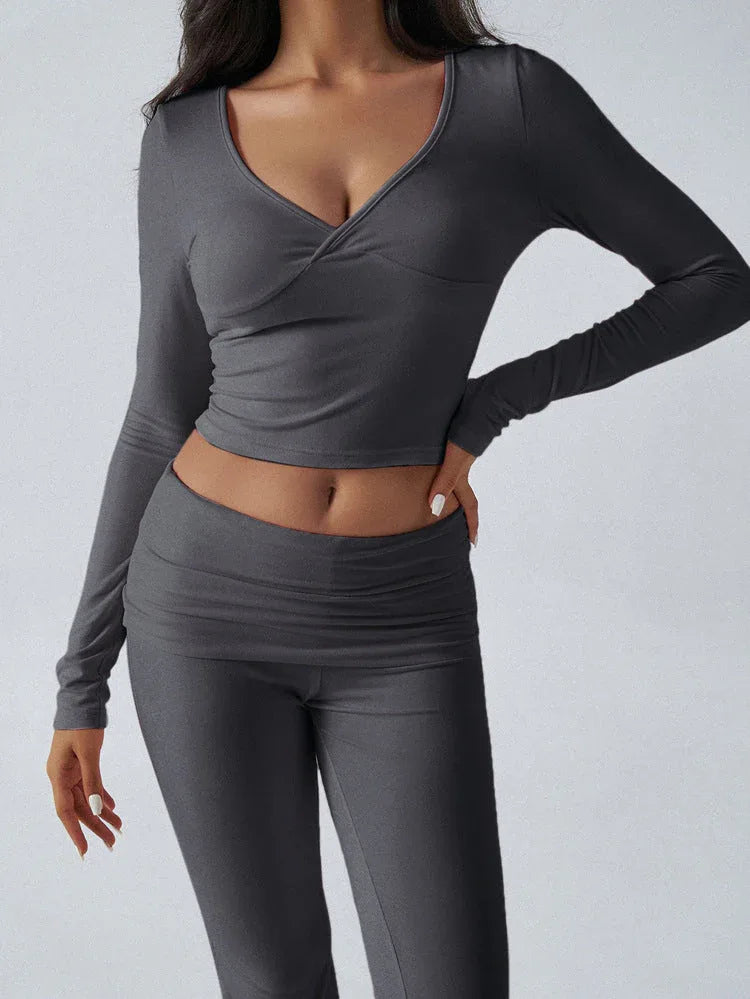 V-Neck Crop Top and Fold-Over Flare Pants Set - View 30 | TEVQA