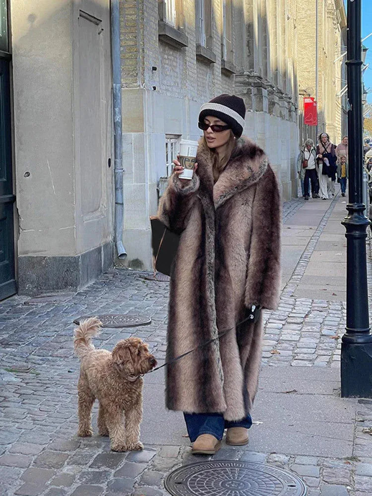 Vintage-Inspired Striped Faux Fur Long Coat Secondary image