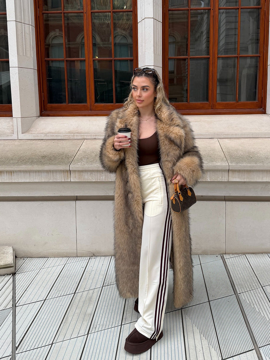 Women's Faux Fur Longline Coat with Lapel Collar - View 8 | TEVQA