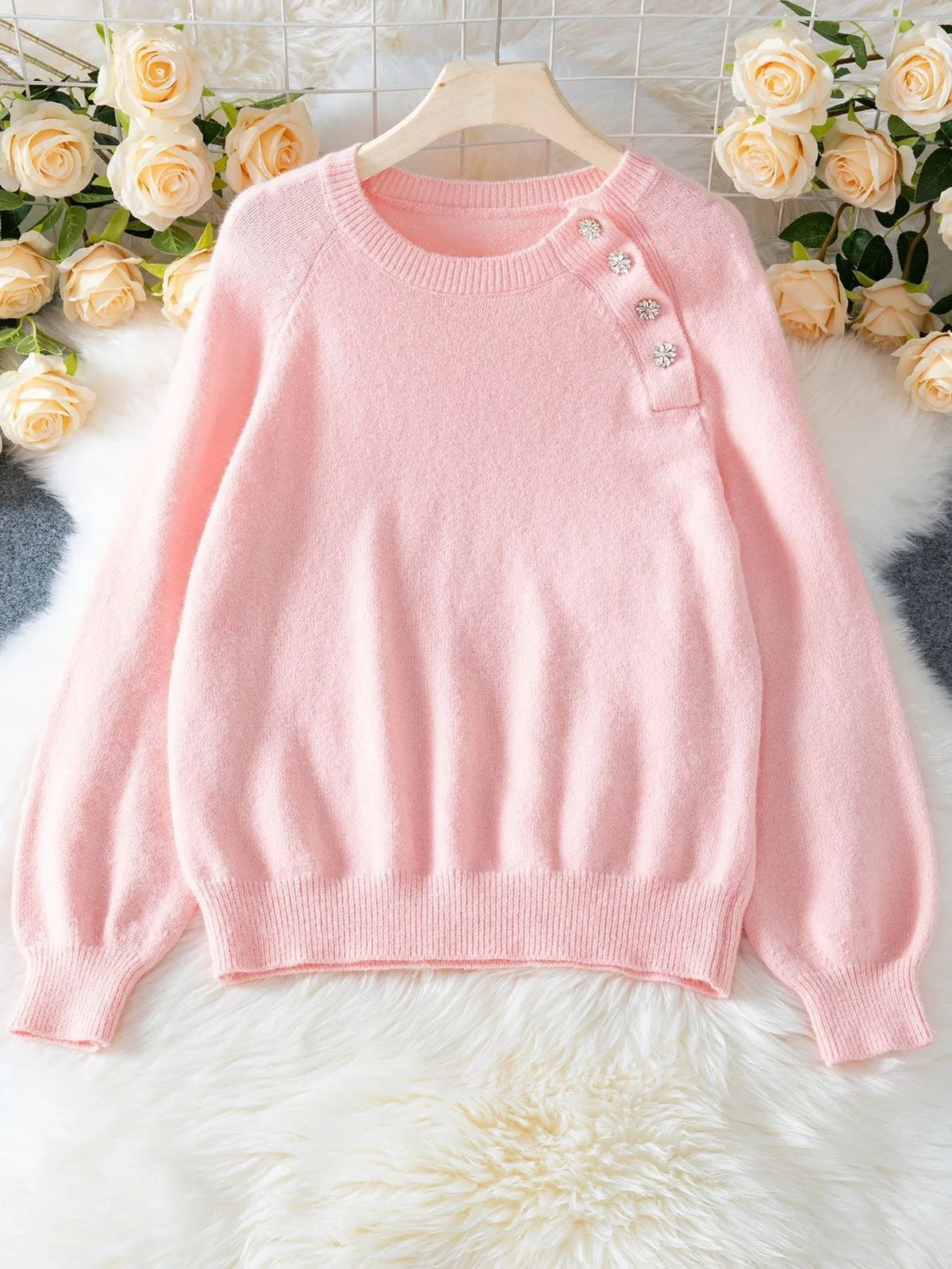 Elegant Jeweled Button Raglan Sweater - View 6 | TEVQA