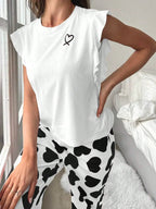 Heart print pajama set with ruffle sleeves - View 9 | TEVQA