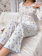 Ribbed Knit Floral Pajama Set - View 25 | TEVQA
