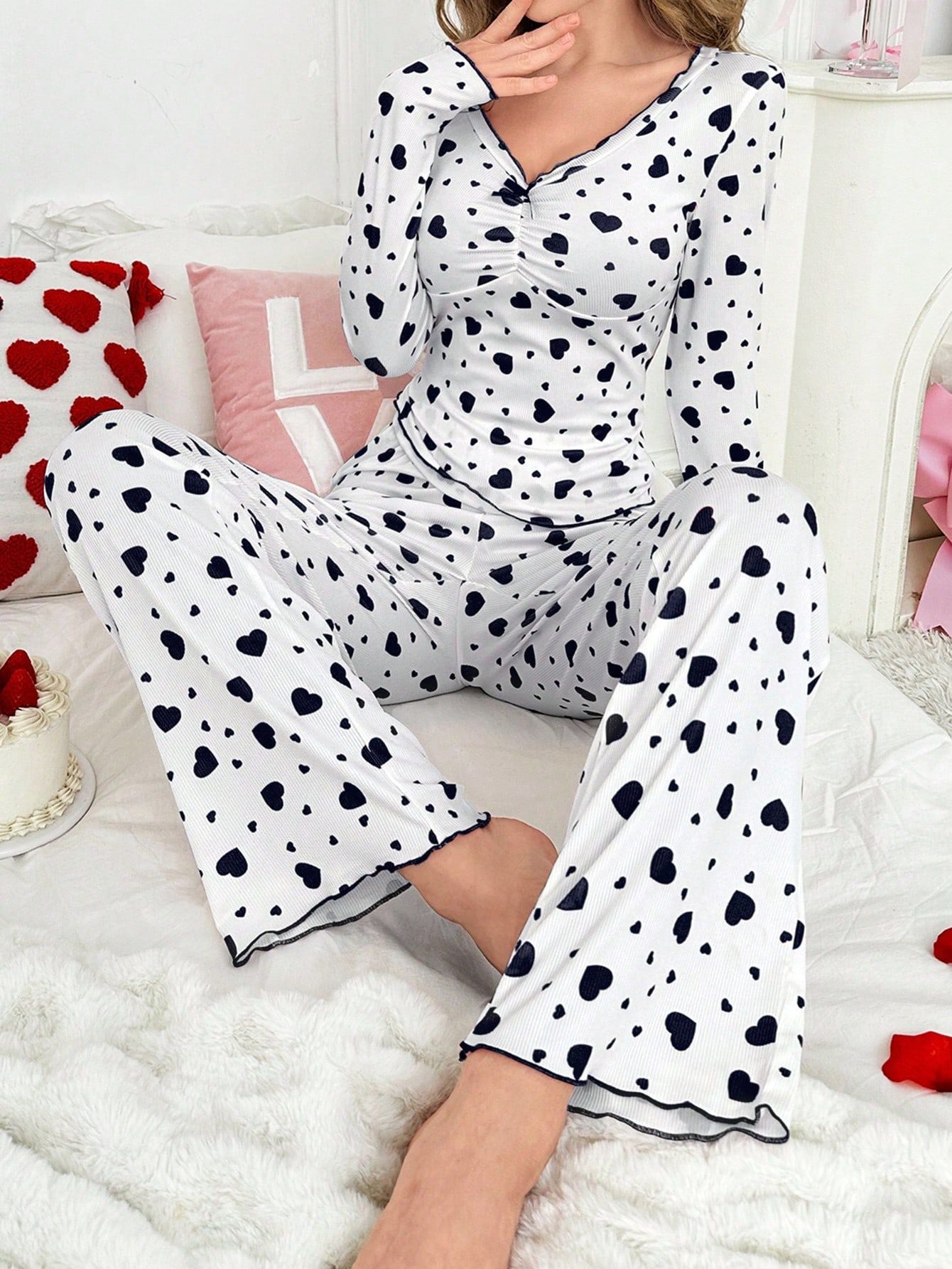 Heart Print Ribbed Pajama Set