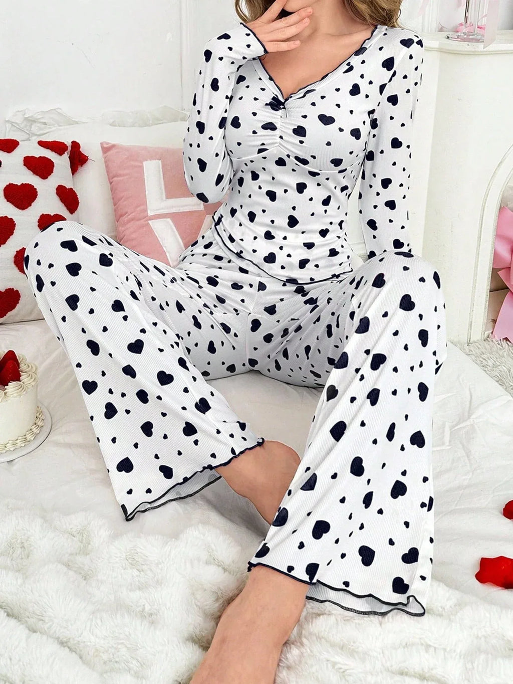 Ribbed Heart Print Pajama Set - View 10 | TEVQA
