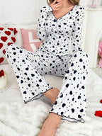 Ribbed Heart Print Pajama Set - View 10 | TEVQA
