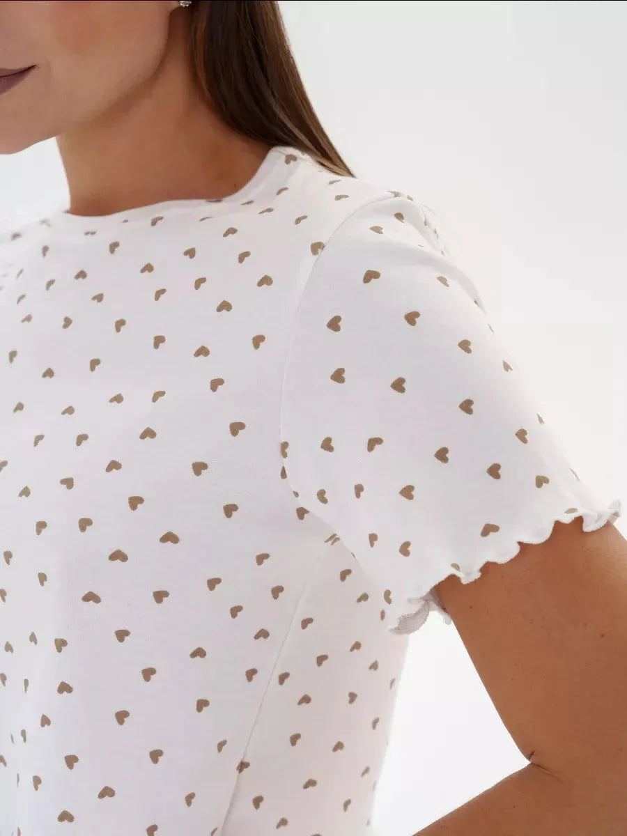 Ditsy Heart Print Ribbed Tee & Shorts Set - View 9 | TEVQA