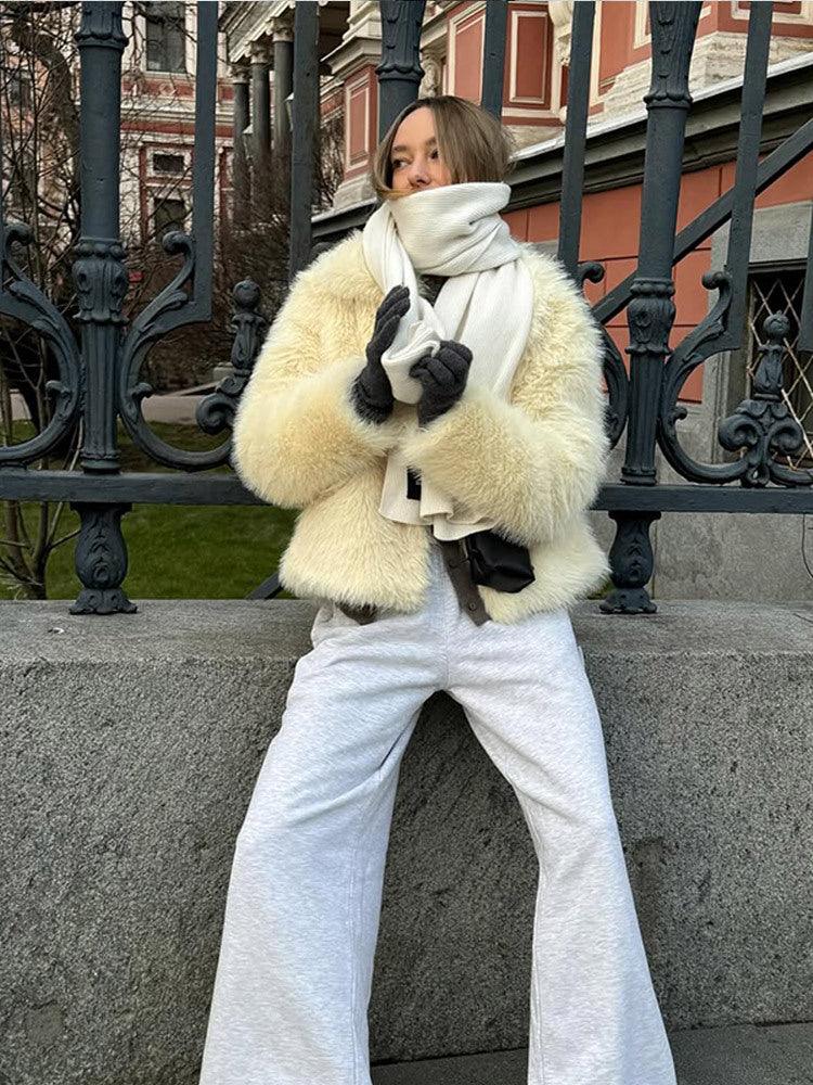 Cream plush faux fur cropped jacket - View 10 | TEVQA