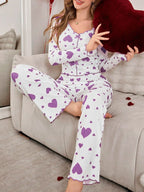 Ribbed Heart Print Pajama Set - View 42 | TEVQA