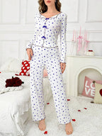 Ribbed Heart Print Pajama Set - View 28 | TEVQA