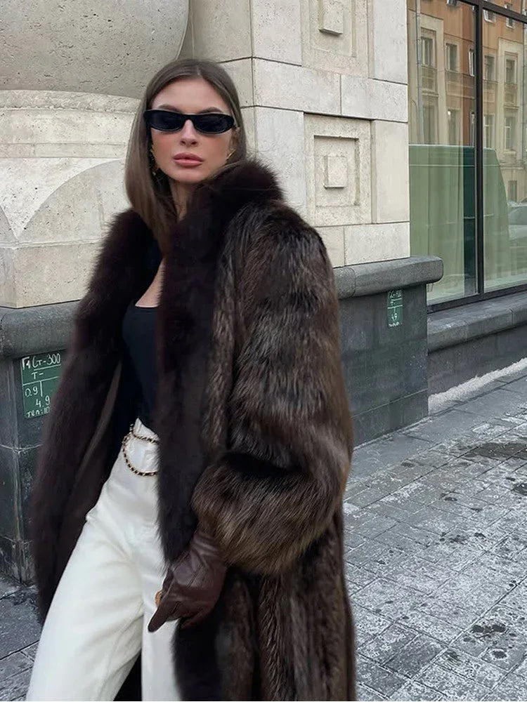 Espresso Faux Fur Long Coat - View 8 | TEVQA