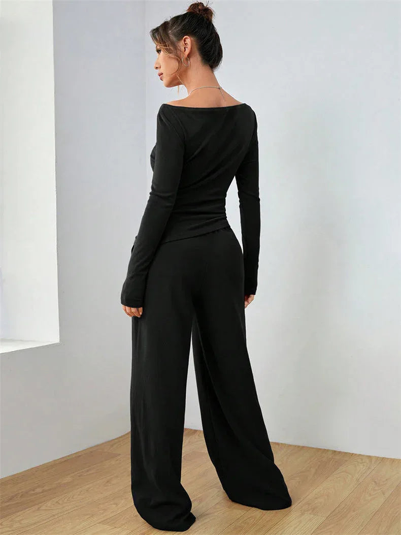 Women's Boat Neck Wide Leg Two-Piece Set - View 9 | TEVQA