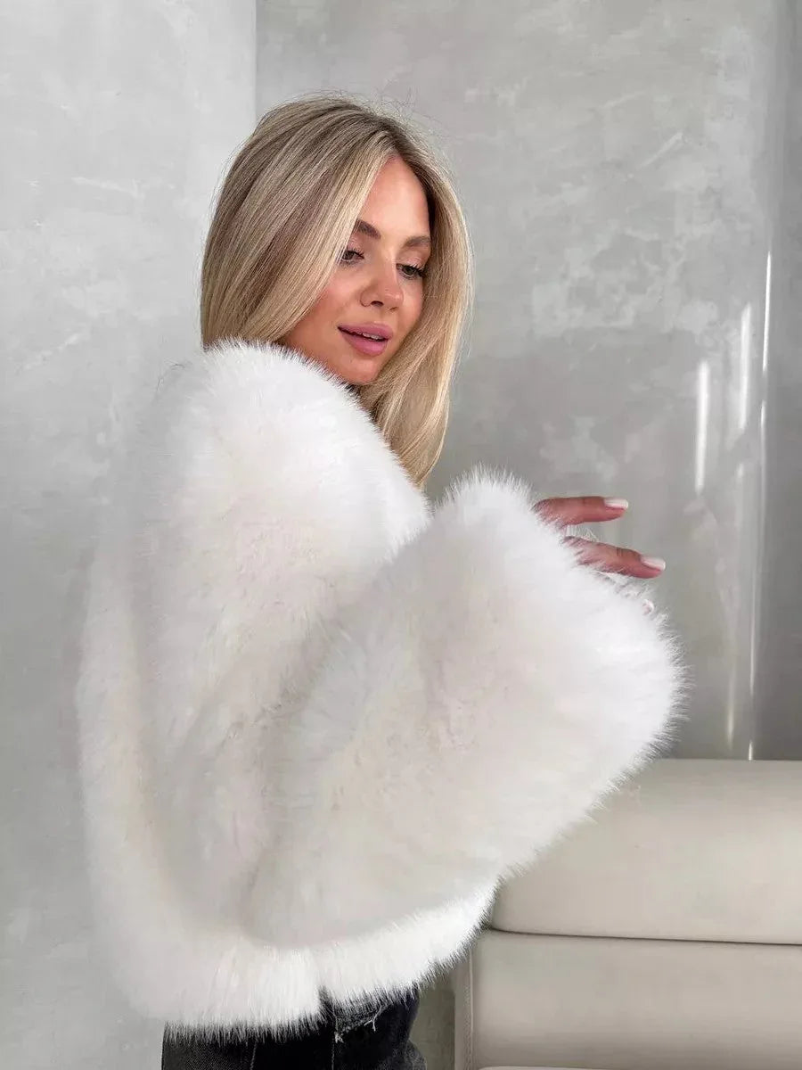 Snow Angel White Faux Fur Cropped Jacket - TEVQA