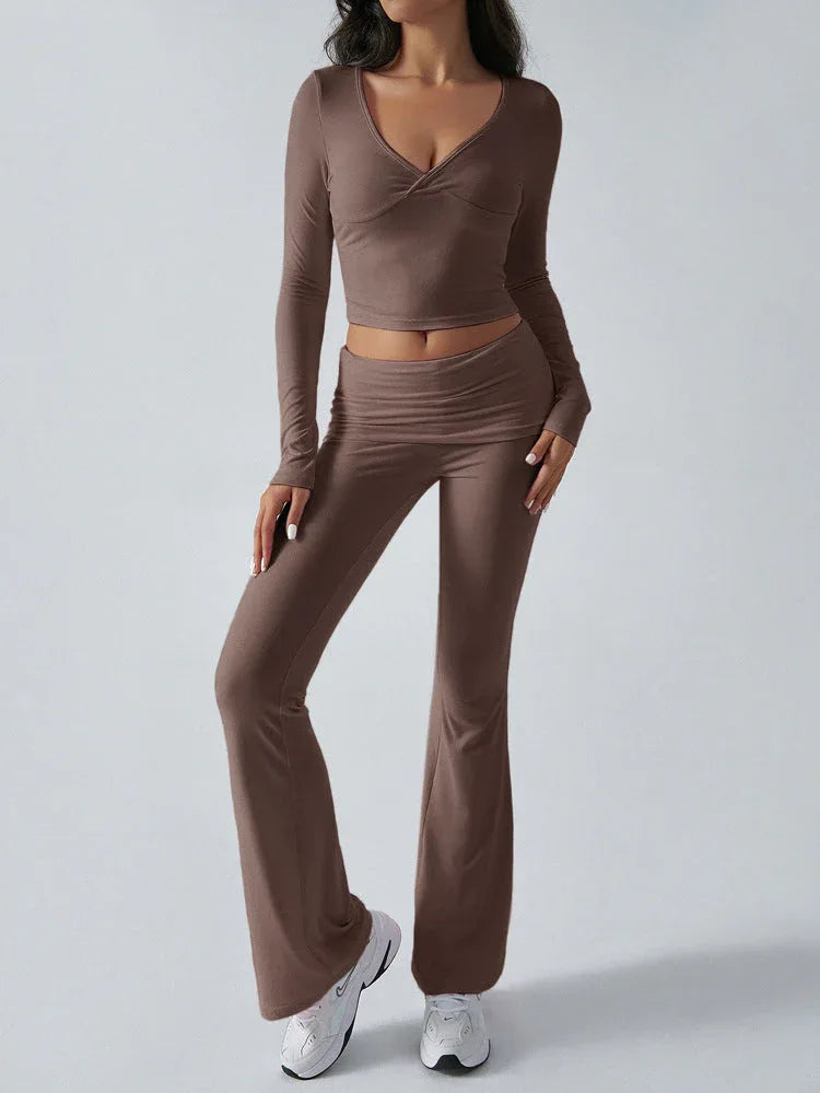 V-Neck Crop Top and Fold-Over Flare Pants Set - View 16 | TEVQA