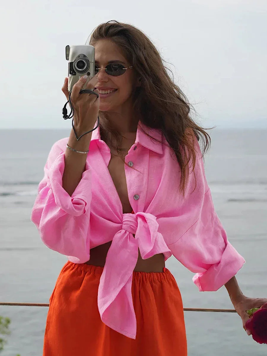 Effortless 100% Cotton Oversized Button Down Shirt - TEVQA