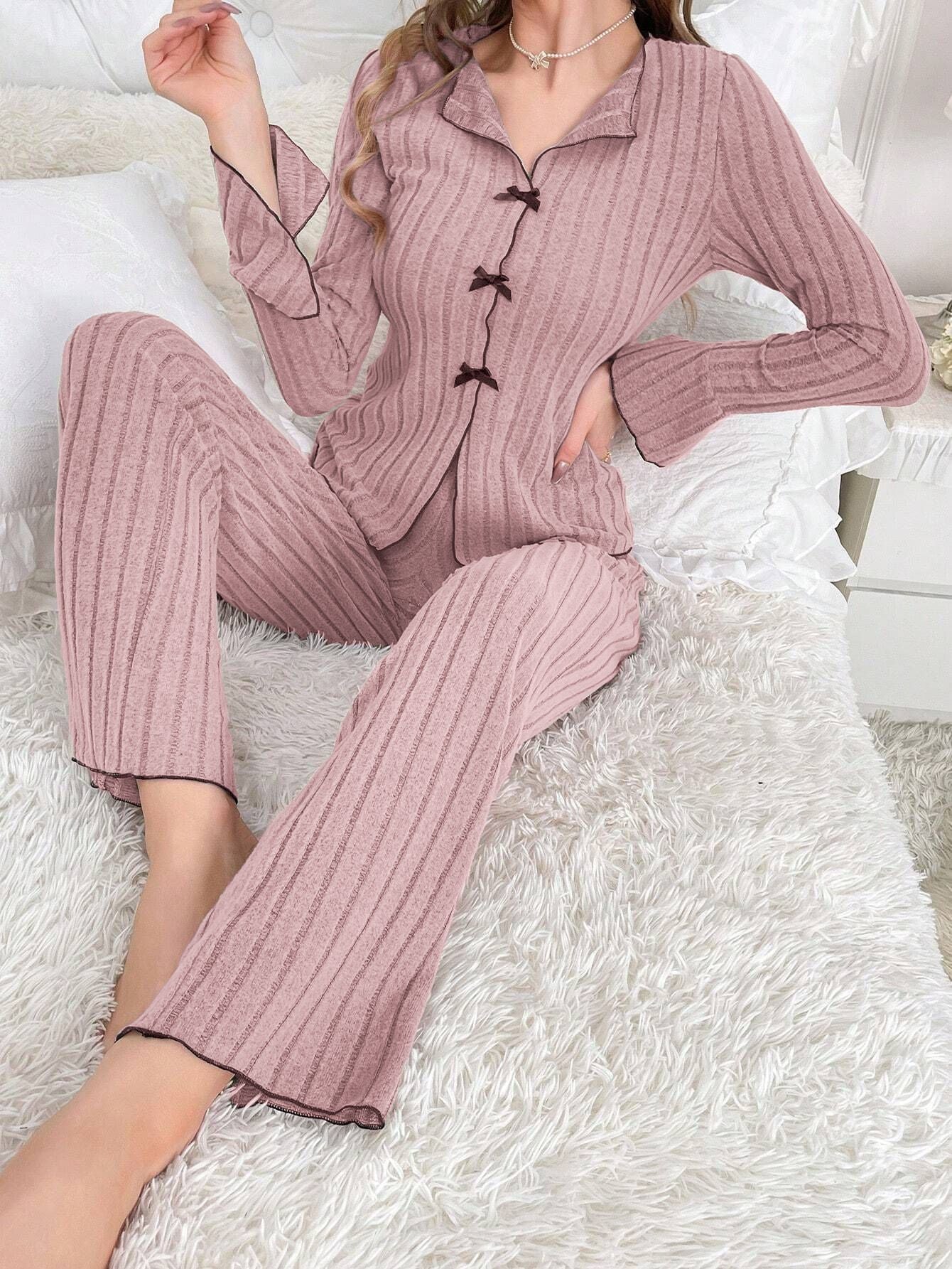 Coquette Contrast Trim Ribbed Pajama Set