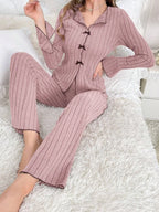 Ribbed pajama set with contrast trim and bow details - View 21 | TEVQA