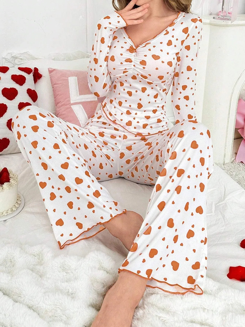 Ribbed Heart Print Pajama Set - View 23 | TEVQA