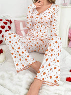 Ribbed Heart Print Pajama Set - View 23 | TEVQA