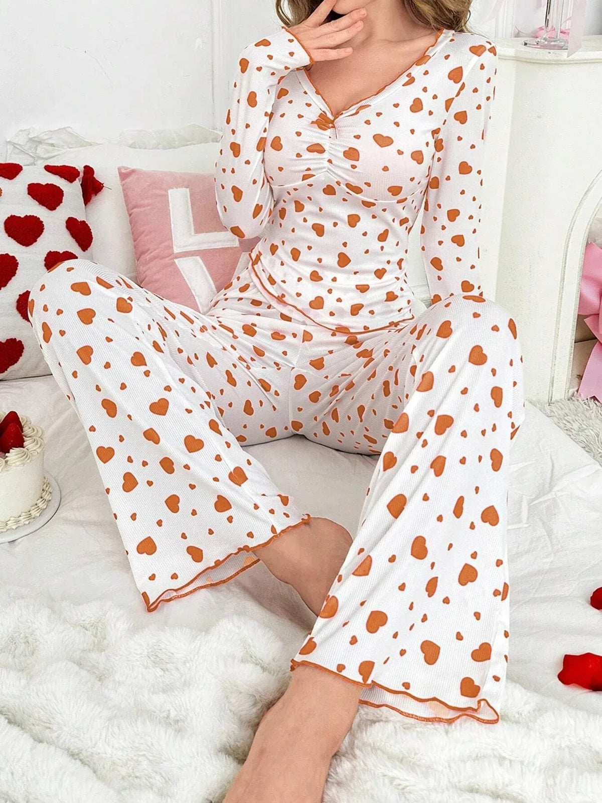 Ribbed Heart Print Pajama Set - View 23 | TEVQA