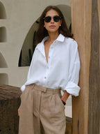 Effortless 100% Cotton Oversized Button Down Shirt - TEVQA