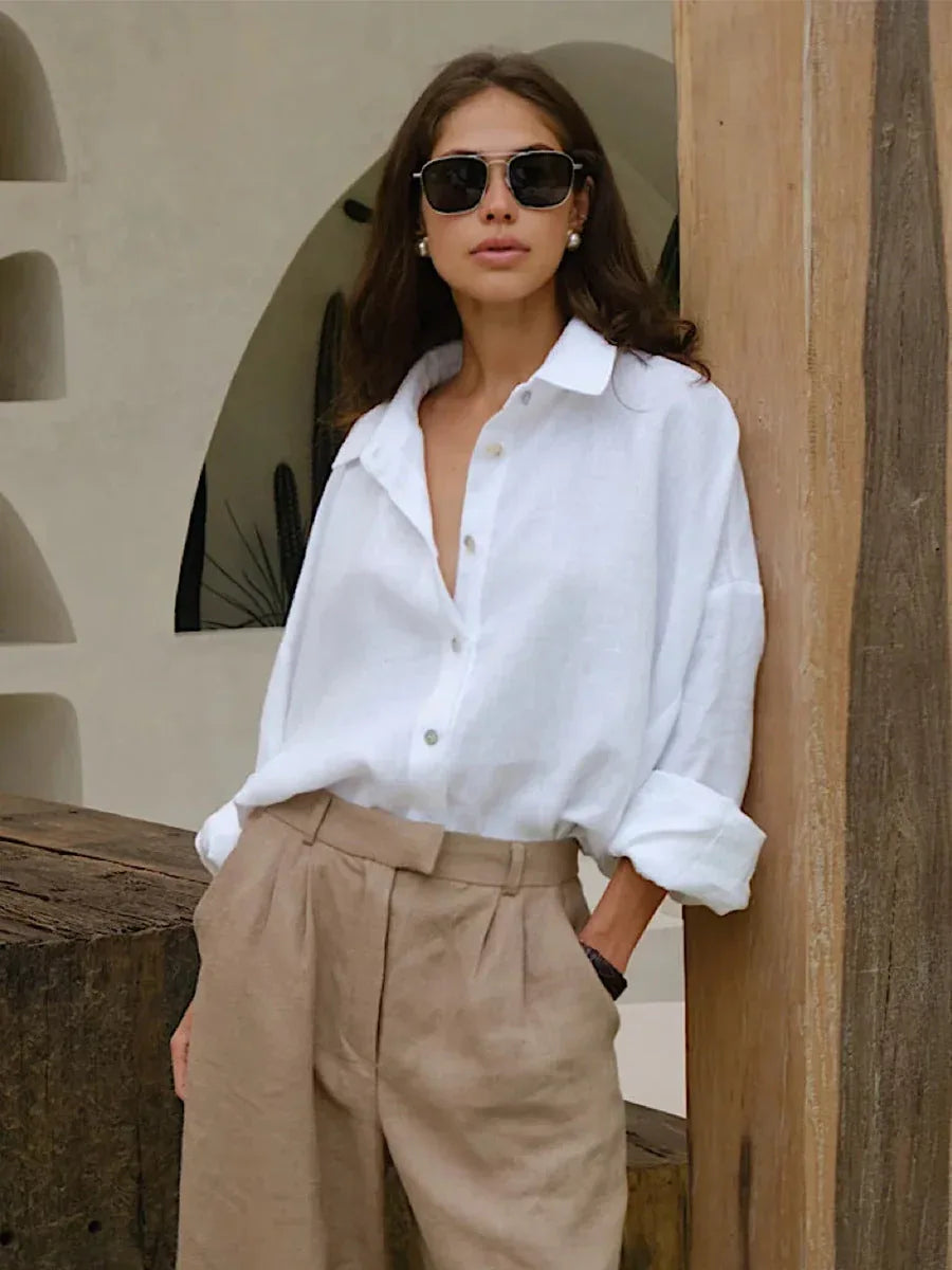 Effortless 100% Cotton Oversized Button Down Shirt - TEVQA