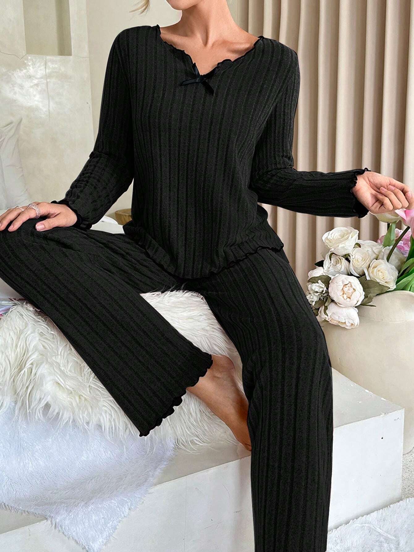 Coquette Contrast Trim Ribbed Pajama Set
