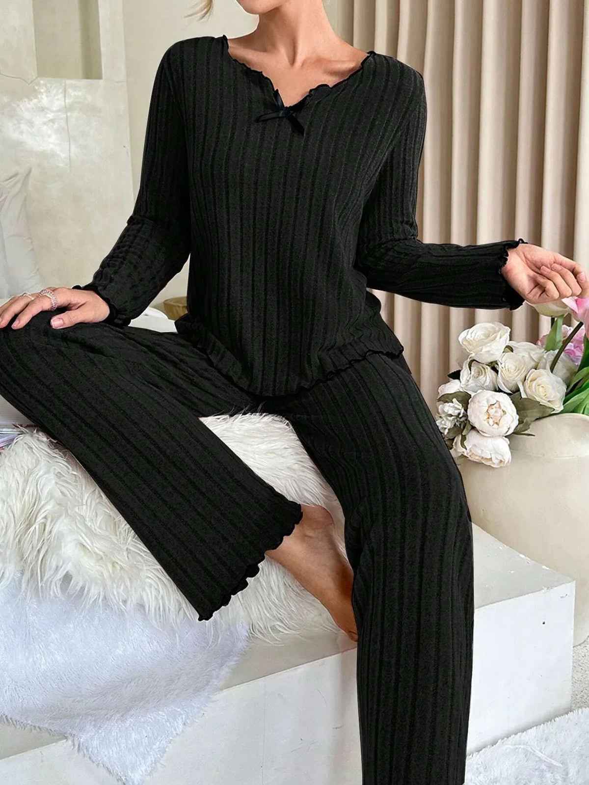 Ribbed Pajama Set with Contrast Trim - View 14 | TEVQA