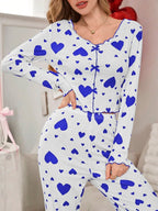 Ribbed Heart Print Pajama Set - View 28 | TEVQA