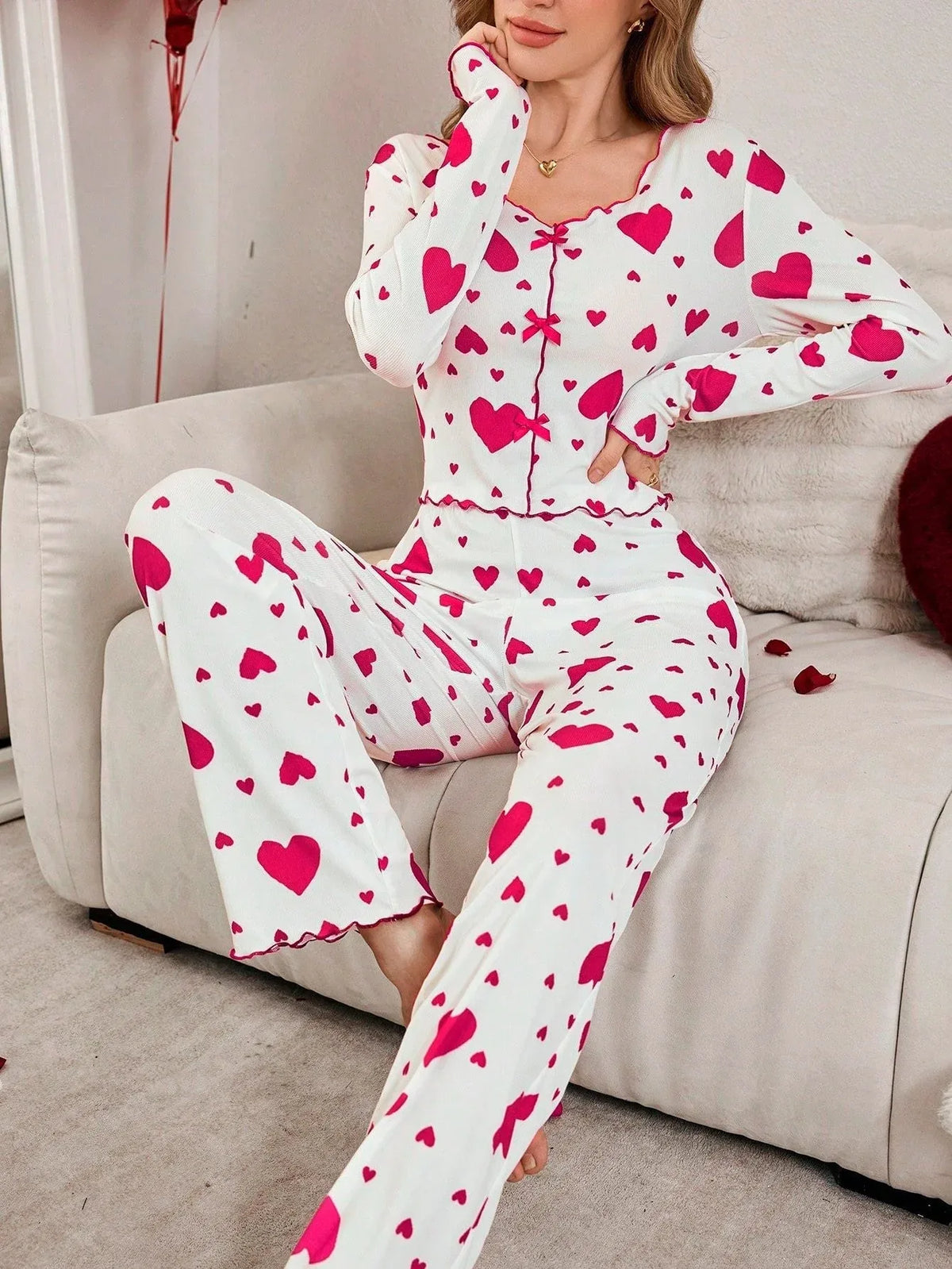 Ribbed Heart Print Pajama Set - View 12 | TEVQA