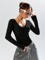 Heather grey ribbed knit V-neck long sleeve bodysuit - View 6 | TEVQA