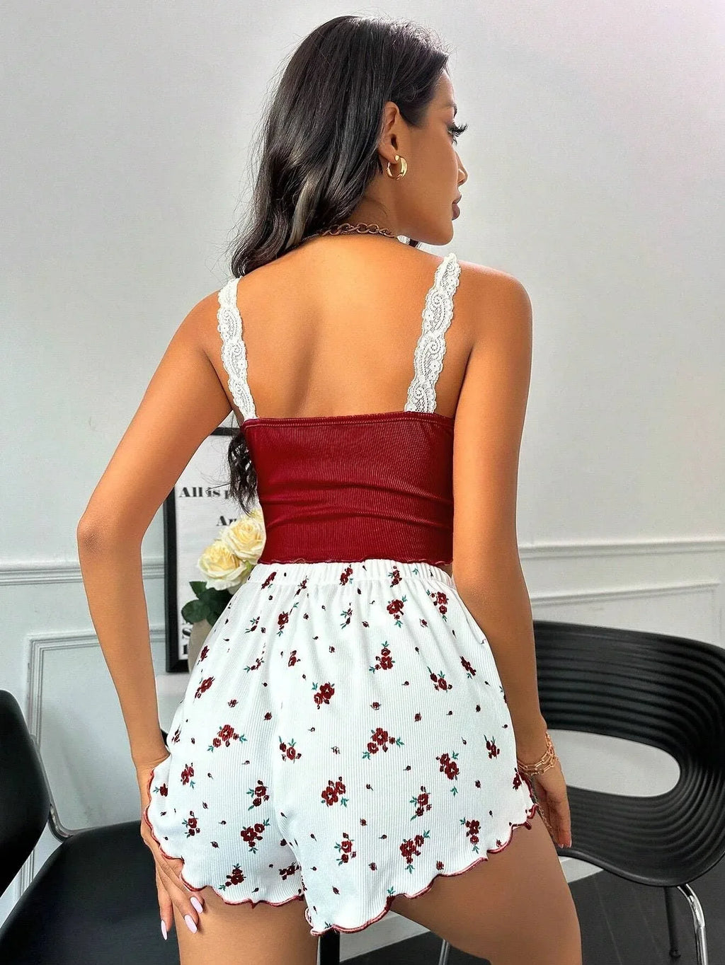 Lace Trim Cami and Floral Shorts Set - View 6 | TEVQA