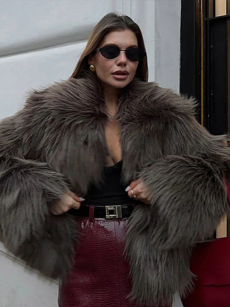 dark taupe shaggy faux fur jacket - View 6 | TEVQA