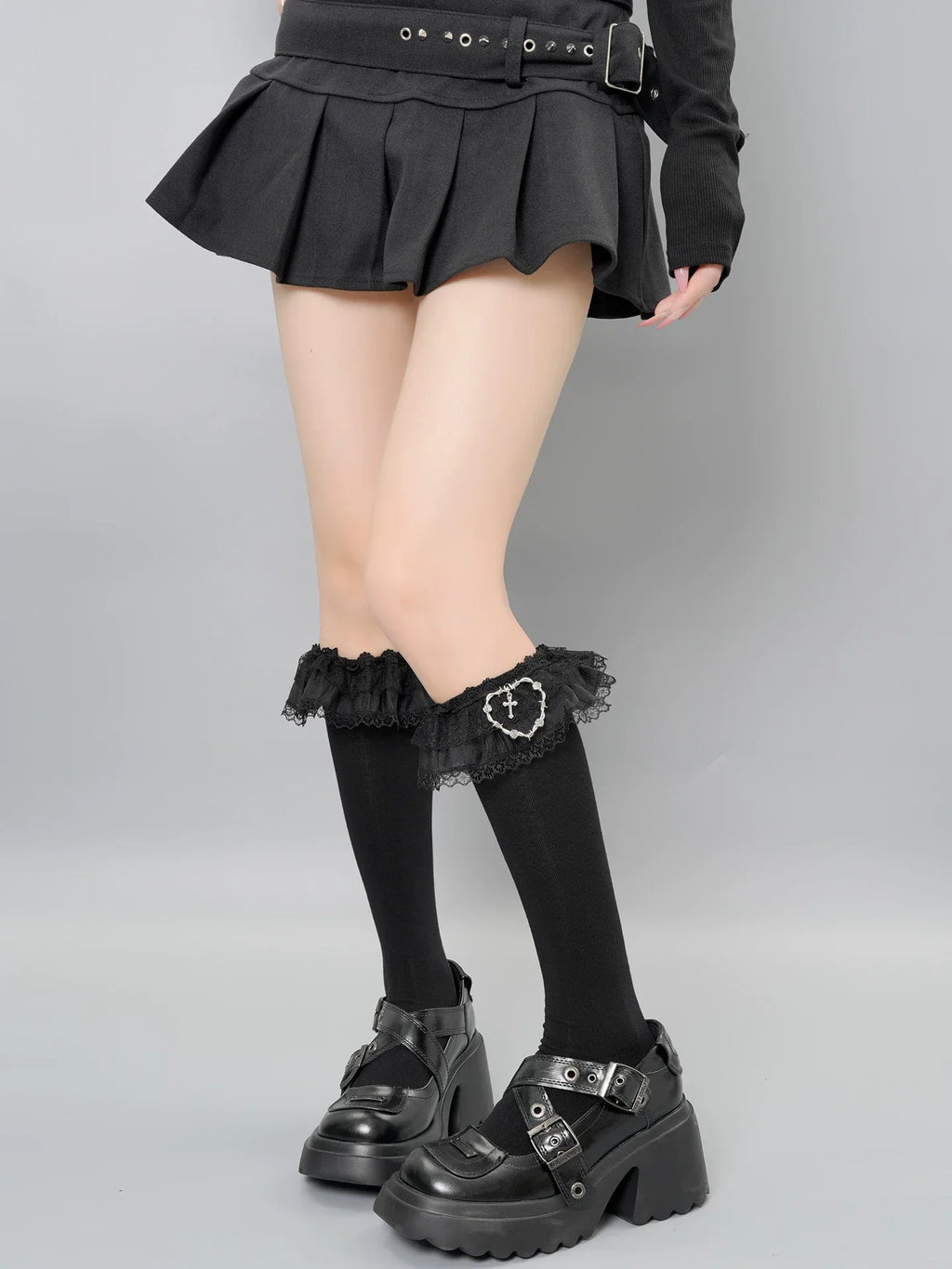 Gothic Lace Knee High Socks with Charm - View 8 | TEVQA