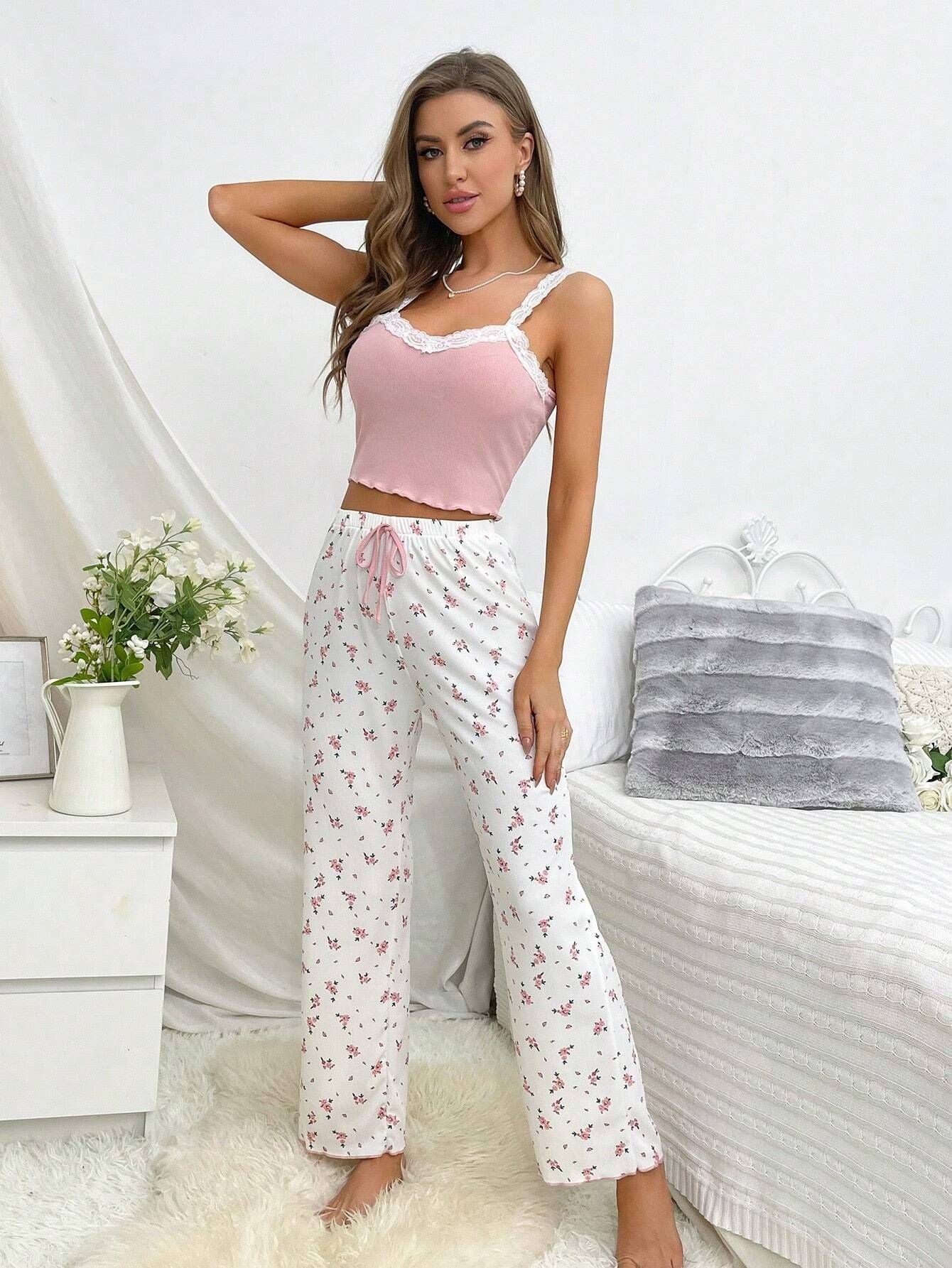 Pink Ribbed Cami & Floral Pants Pajama Set