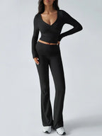 V-Neck Crop Top and Fold-Over Flare Pants Set - View 39 | TEVQA