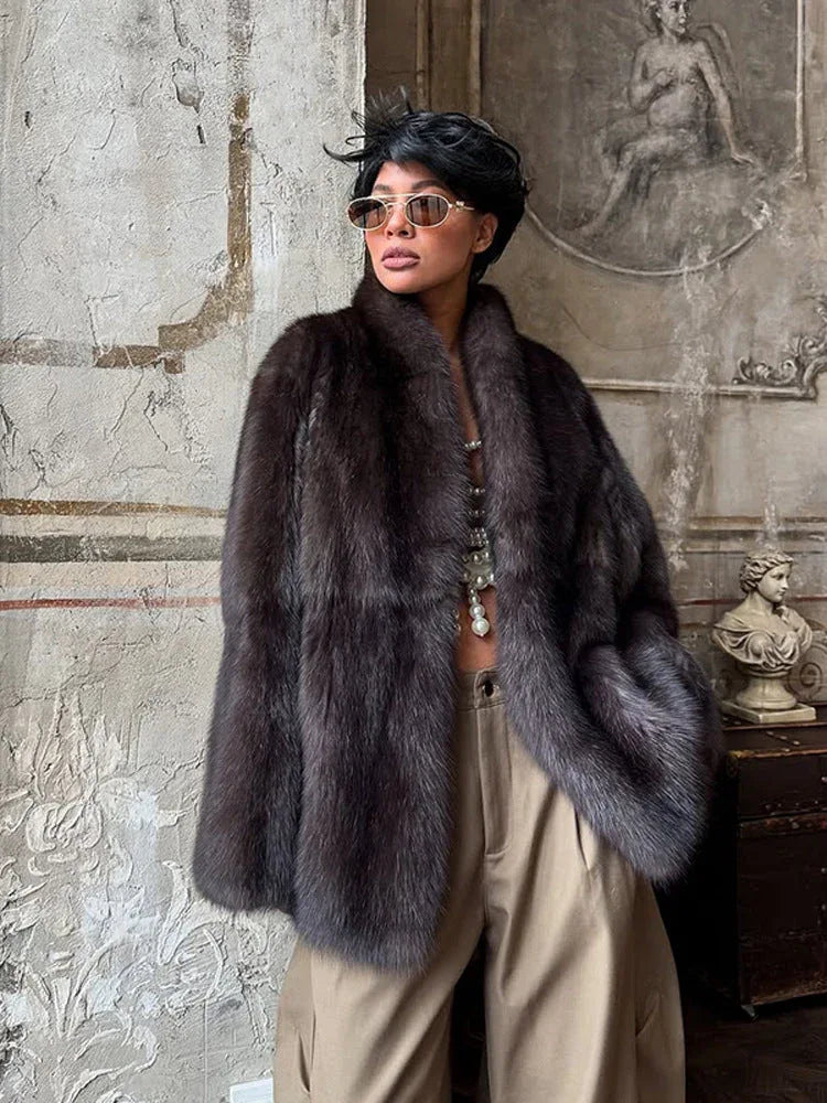 Sophisticated Deep Charcoal Plush Faux Fur Coat - TEVQA